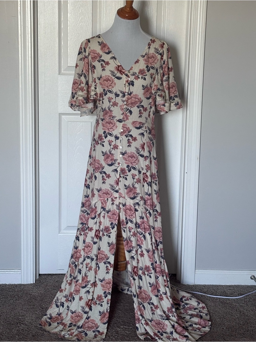 Ella Moon vintage-inspired Floral Button-Front Cream and Rose Maxi Dress
